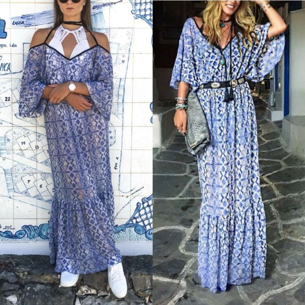 Nidodileda Sheer Jacquard Geometric‎ Print Blue Maxi Dress Sz L Greece Made